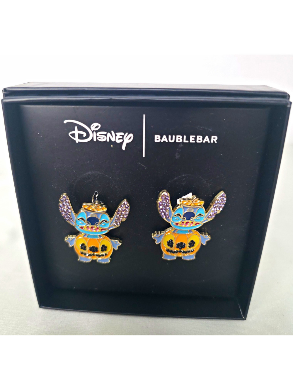 Disney BaubleBar Stitch Pumpkin Earrings Rhinestone Halloween Jack O Lantern NIB